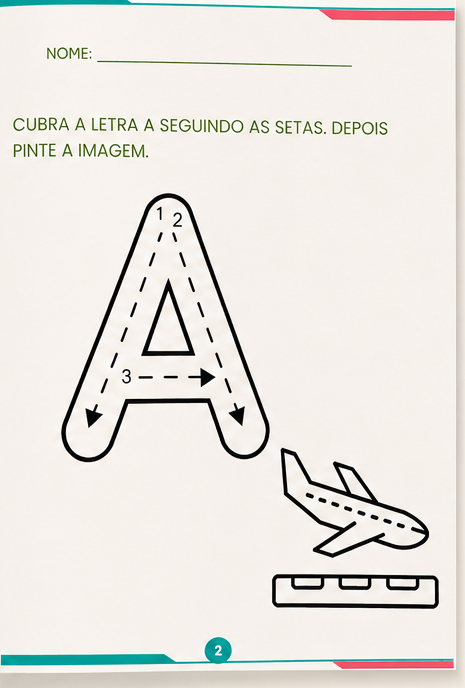 Página interna com o traçado da letra A, setas numeradas e um avião para pintar